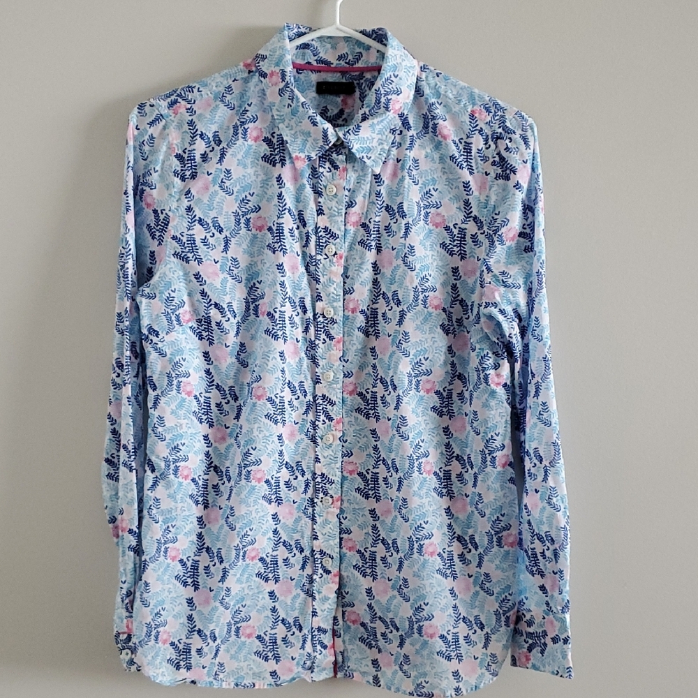 Talbots Stylish Floral Fern Button-Down Cotton Shirt Blue Pink Preppy S Career